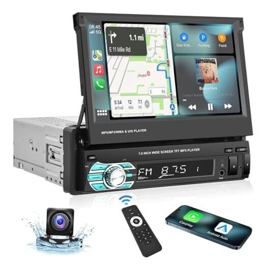 Single Din Carplay Car Stereo with Bluetooth AHD Backup Camera, 7 Inch flip