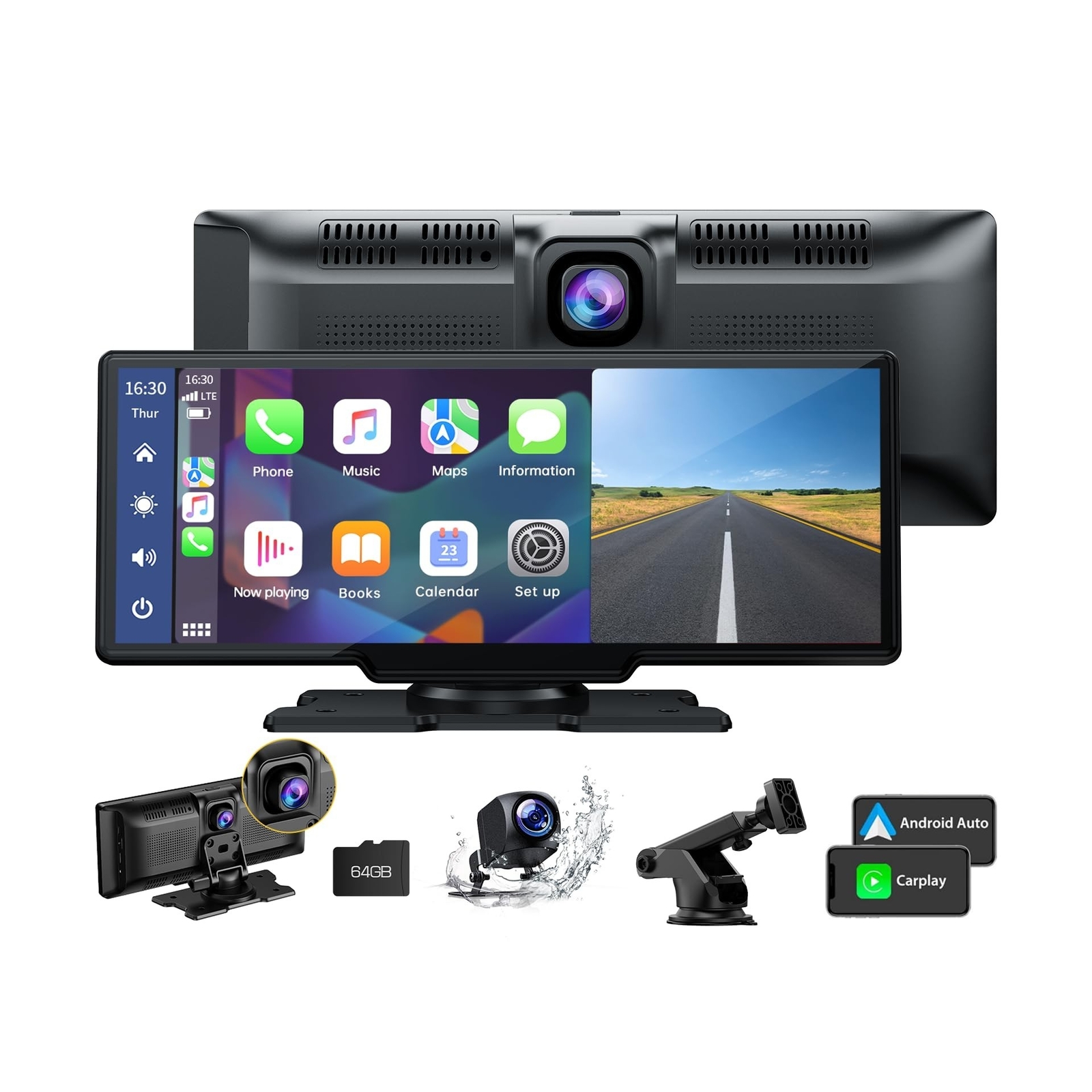 LAMTTO 9.26″ Wireless Car Stereo Apple Carplay with 2.5K Dash Cam, 1080P Back…