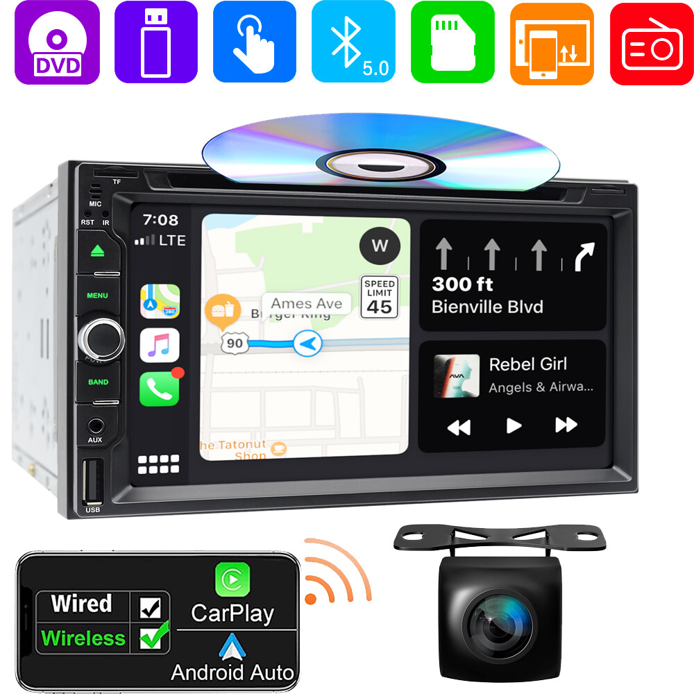 Wireless CarPlay GPS Navi Bluetooth Radio Double Din 7″ Car Stereo DVD Player CD