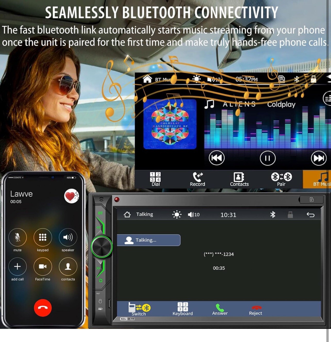Double Din Car Stereo with Bluetooth: 7inch HD Car Multimedia Receiver MP5