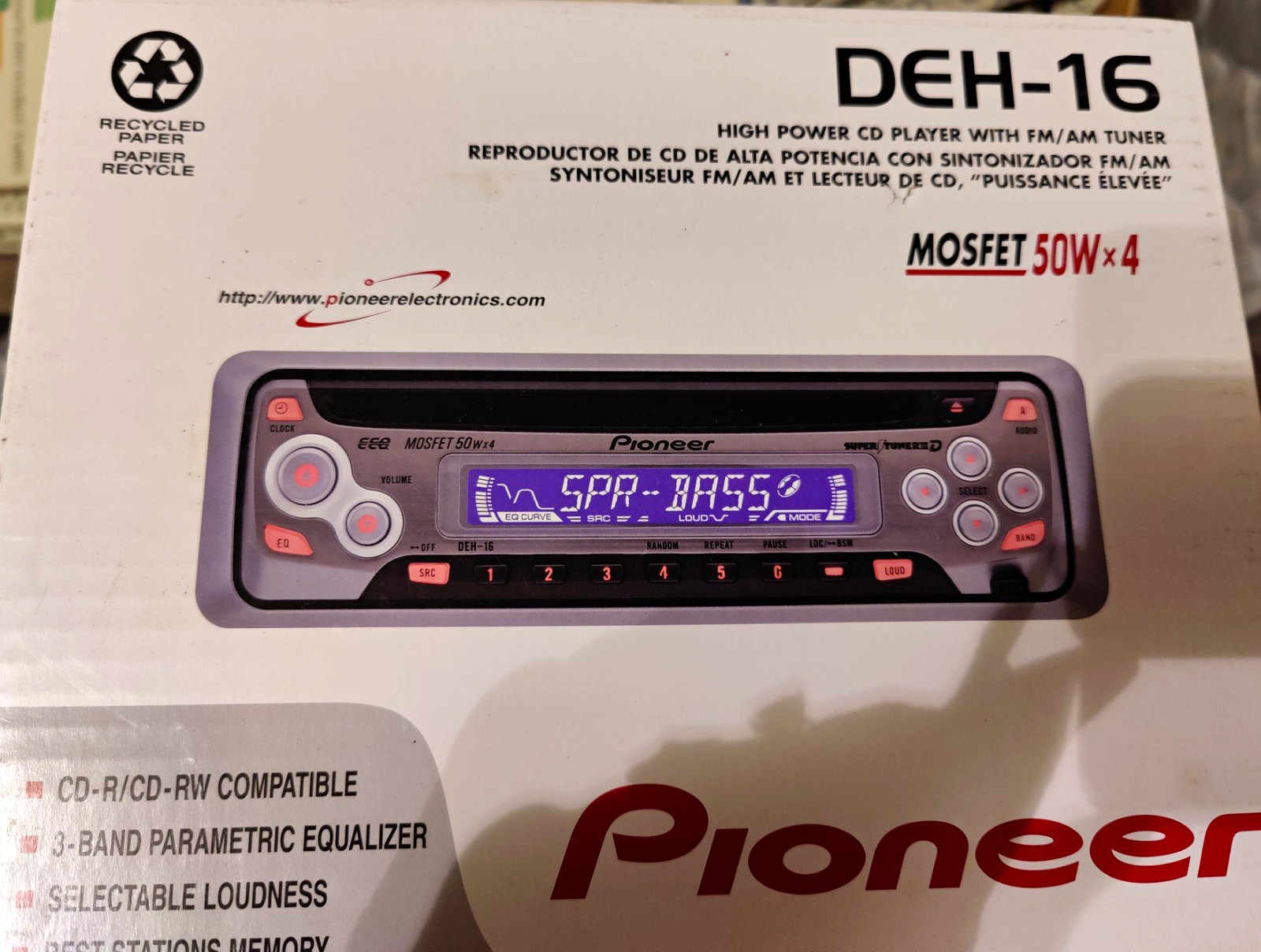 Pioneer DEH-16 1 DIN In-Dash CD Player AM/FM Tuner 50W x4 Detachable Face EQ