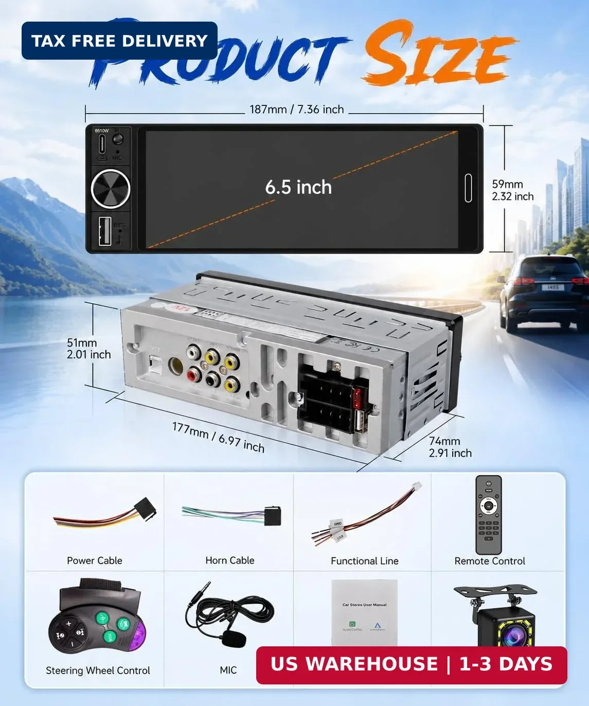 6.5″ Wireless Single Din Car Stereo with Apple CarPlay 720×1280 HD in Cell Touch