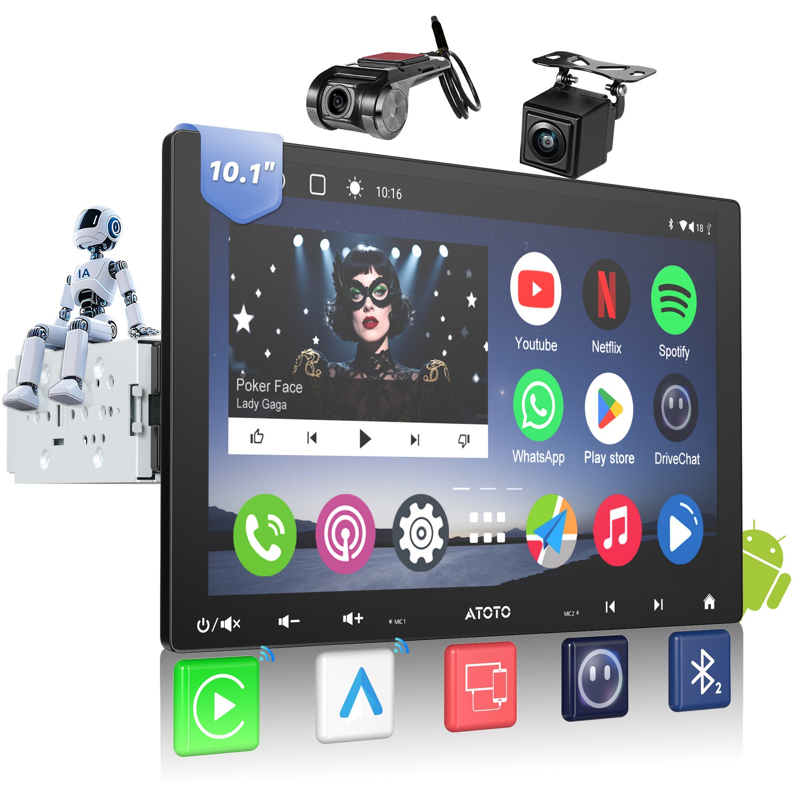 ATOTO 10.1” A6 Single &Double Din Android Car Stereo Dual Bluetooth GPS +HD CAM