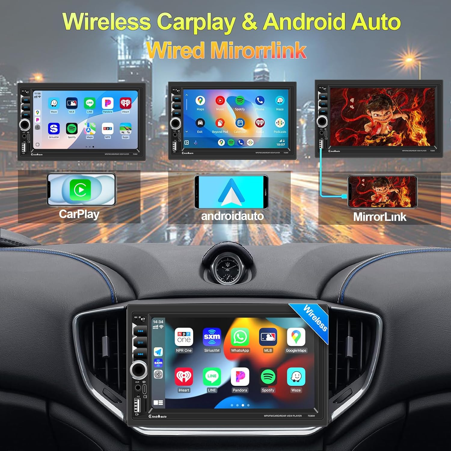 Wireless Apple Carplay Double Din,7″ Car Bluetooth 5.2,FM Car Radio,Ips 1024*600