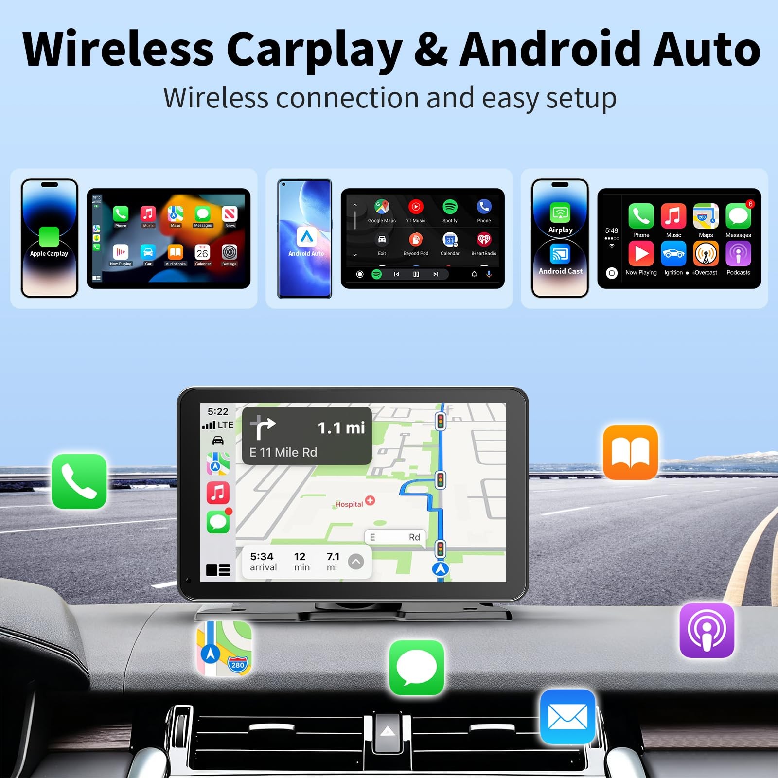 CarPlay Screen for Car, 9” Wireless CarPlay & Android Auto – Smart Portable