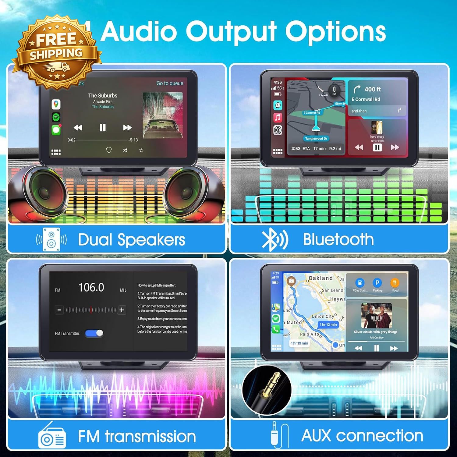 Wireless Screen for Car 7″ Portable Stereo Touchscreen with Apple Android Auto