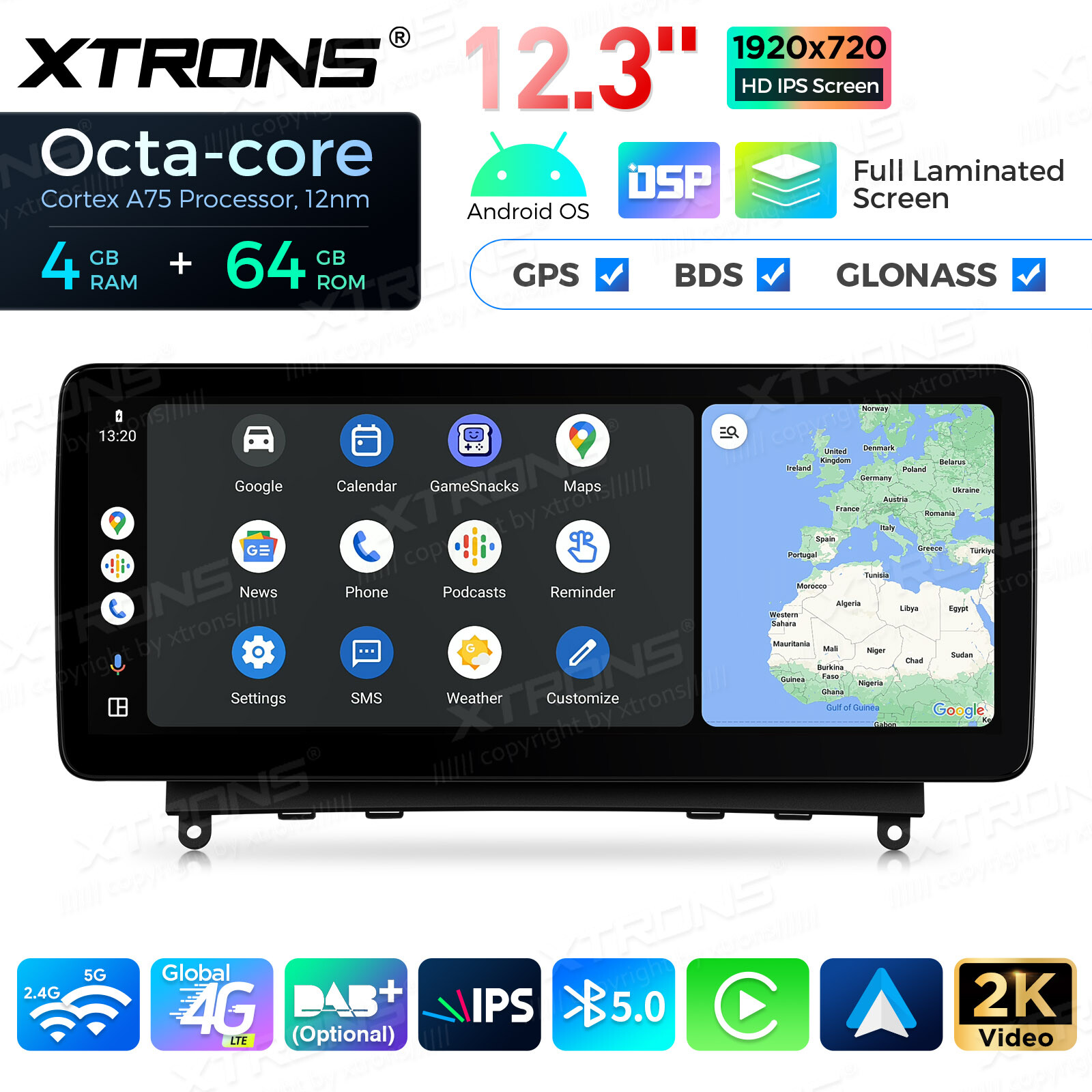 12.3″ Android 14 8Core 64G Car Stereo GPS Car-Play For Benz C-Class W204 2007-10