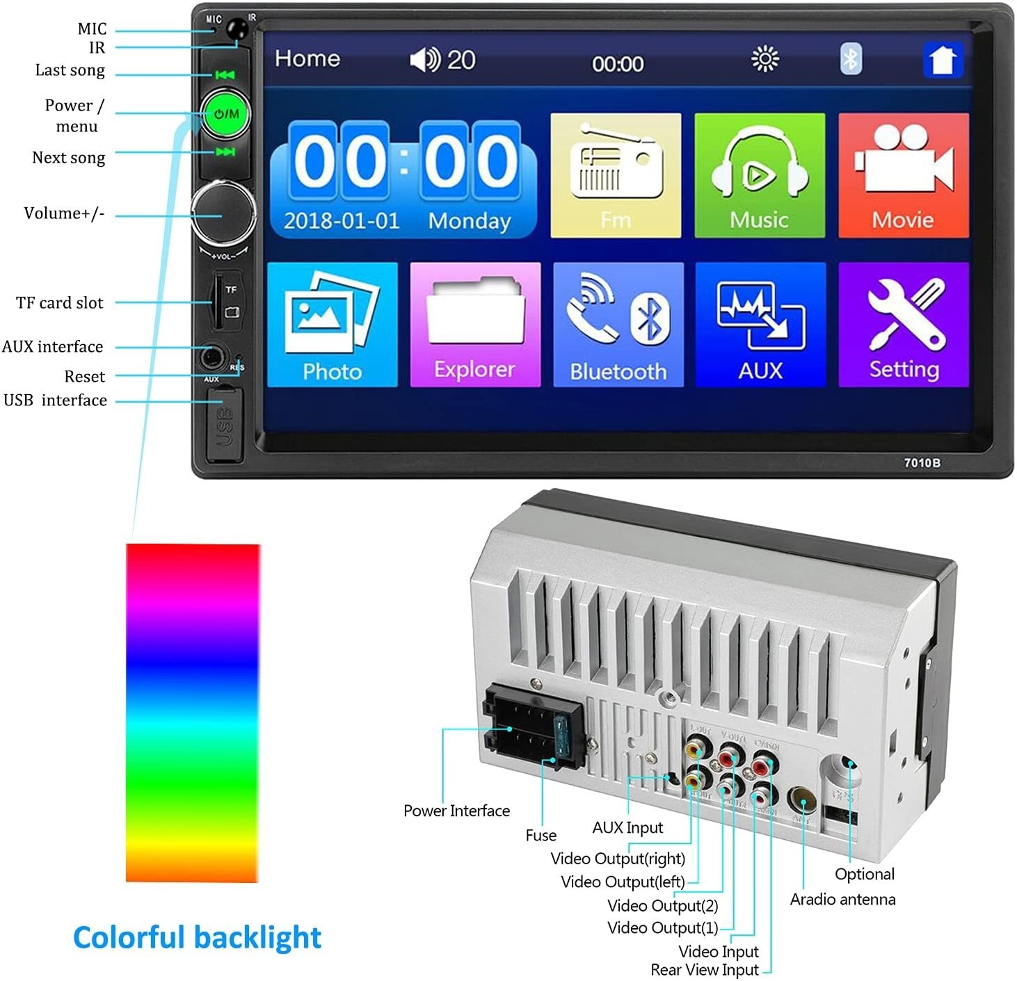 Multimedia Car Stereo System – 7” Touch Display with Bluetooth & Remote Control